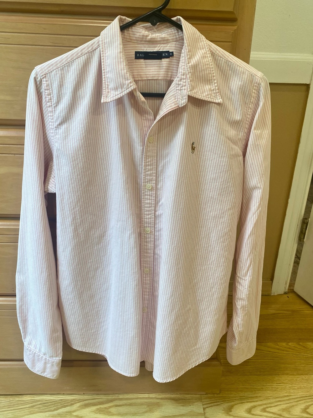 Ralph Lauren pink & white striped women’s button down polo. Size small EUC